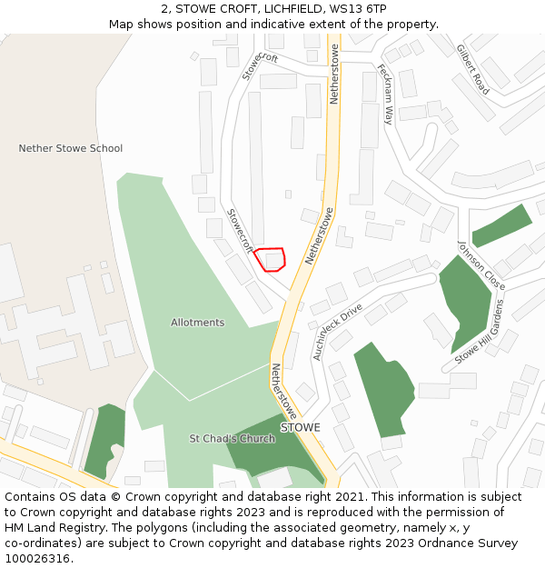2, STOWE CROFT, LICHFIELD, WS13 6TP: Location map and indicative extent of plot