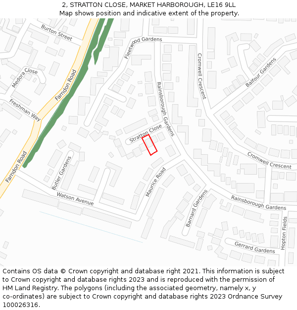 2, STRATTON CLOSE, MARKET HARBOROUGH, LE16 9LL: Location map and indicative extent of plot