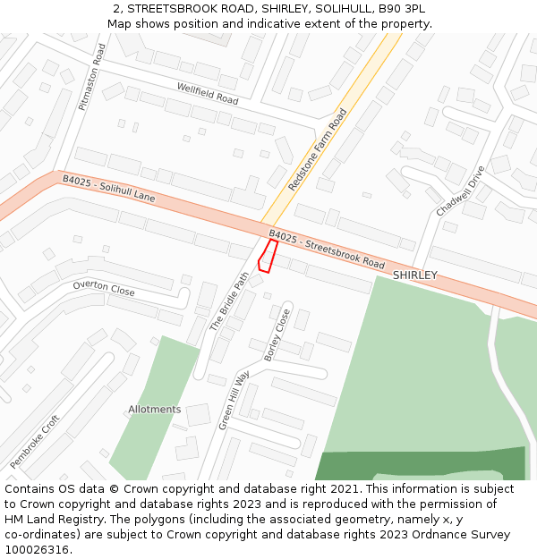 2, STREETSBROOK ROAD, SHIRLEY, SOLIHULL, B90 3PL: Location map and indicative extent of plot