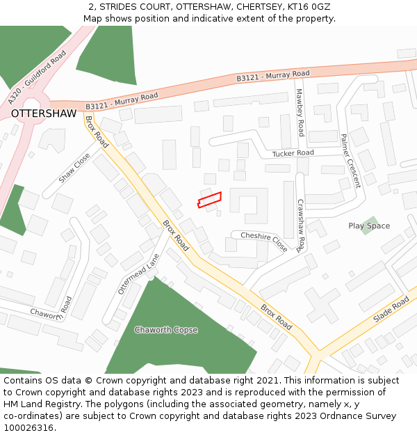 2, STRIDES COURT, OTTERSHAW, CHERTSEY, KT16 0GZ: Location map and indicative extent of plot