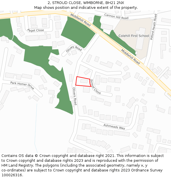 2, STROUD CLOSE, WIMBORNE, BH21 2NX: Location map and indicative extent of plot