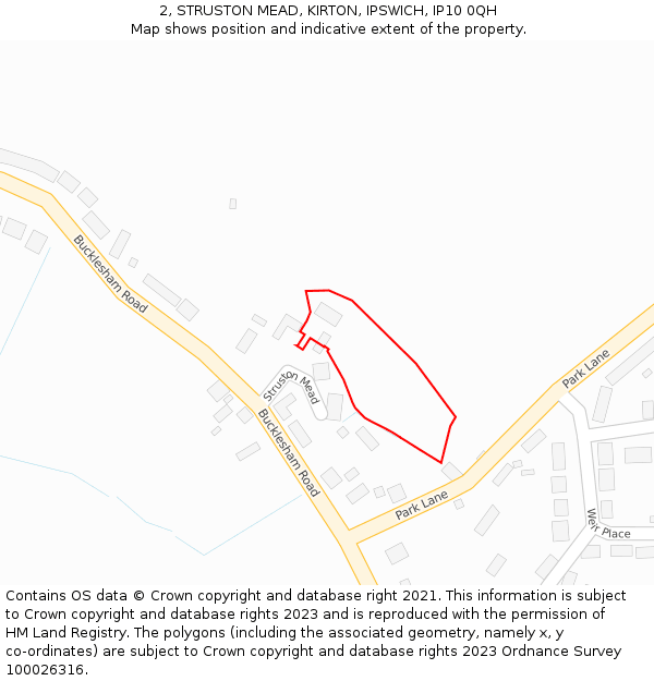 2, STRUSTON MEAD, KIRTON, IPSWICH, IP10 0QH: Location map and indicative extent of plot