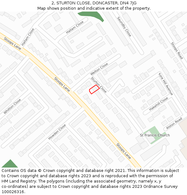 2, STURTON CLOSE, DONCASTER, DN4 7JG: Location map and indicative extent of plot