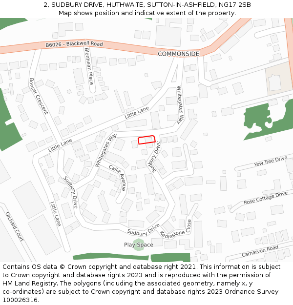 2, SUDBURY DRIVE, HUTHWAITE, SUTTON-IN-ASHFIELD, NG17 2SB: Location map and indicative extent of plot