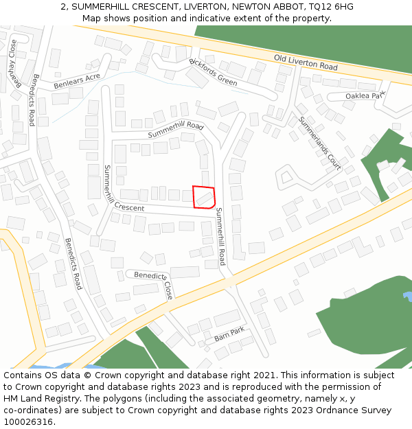 2, SUMMERHILL CRESCENT, LIVERTON, NEWTON ABBOT, TQ12 6HG: Location map and indicative extent of plot