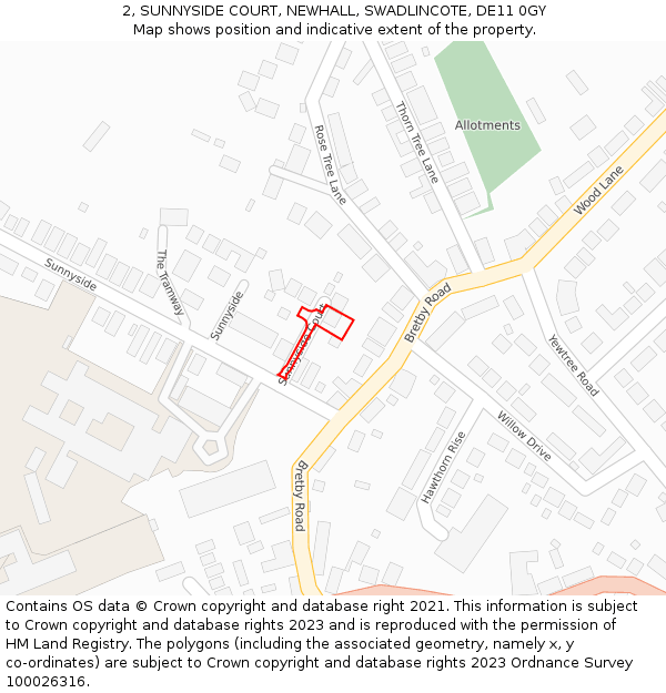 2, SUNNYSIDE COURT, NEWHALL, SWADLINCOTE, DE11 0GY: Location map and indicative extent of plot