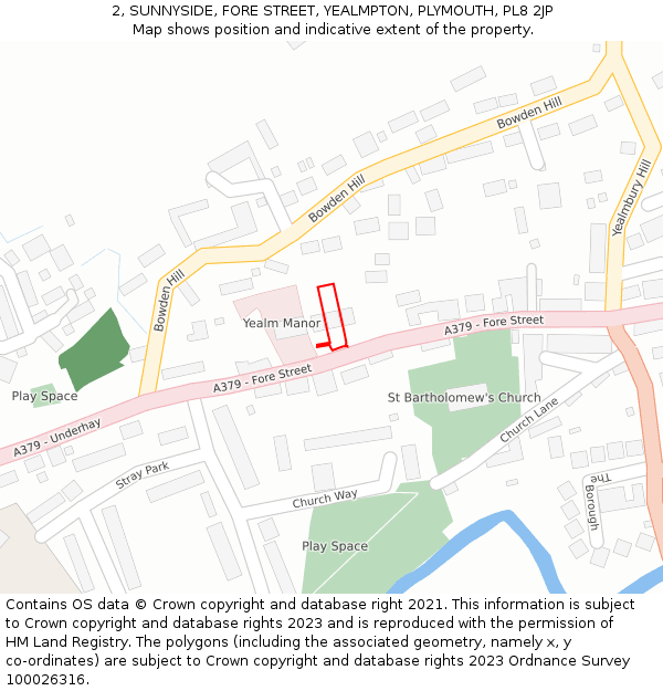 2, SUNNYSIDE, FORE STREET, YEALMPTON, PLYMOUTH, PL8 2JP: Location map and indicative extent of plot