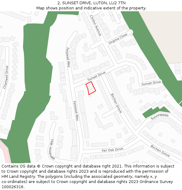 2, SUNSET DRIVE, LUTON, LU2 7TN: Location map and indicative extent of plot