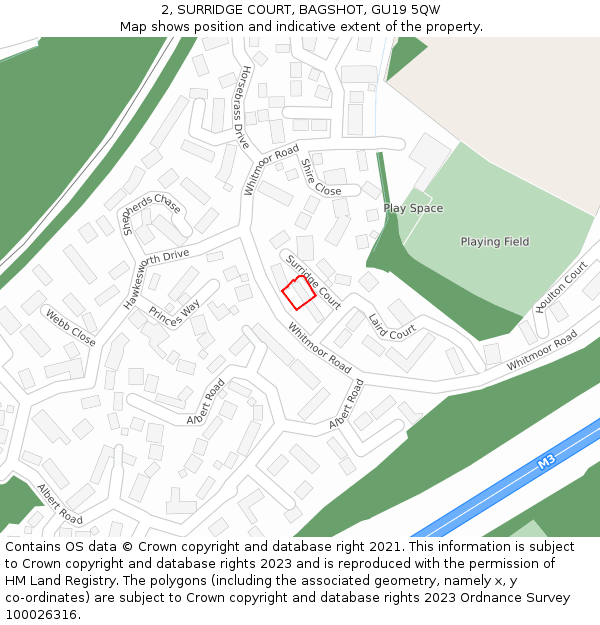 2, SURRIDGE COURT, BAGSHOT, GU19 5QW: Location map and indicative extent of plot