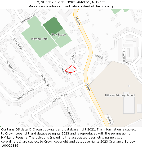 2, SUSSEX CLOSE, NORTHAMPTON, NN5 6ET: Location map and indicative extent of plot