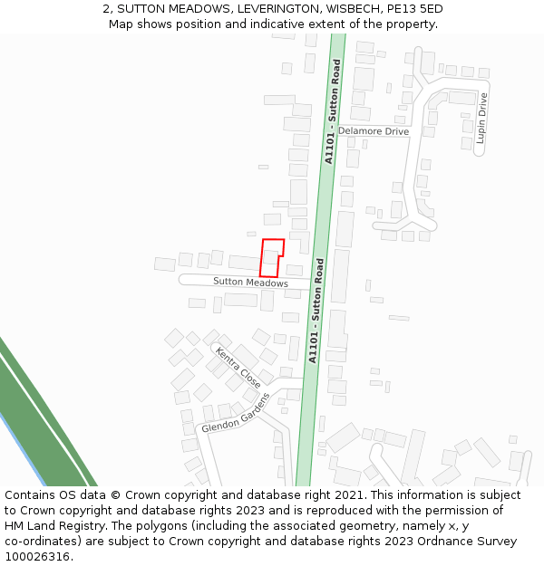 2, SUTTON MEADOWS, LEVERINGTON, WISBECH, PE13 5ED: Location map and indicative extent of plot