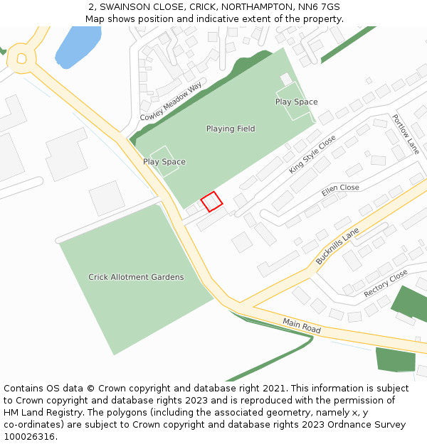 2, SWAINSON CLOSE, CRICK, NORTHAMPTON, NN6 7GS: Location map and indicative extent of plot