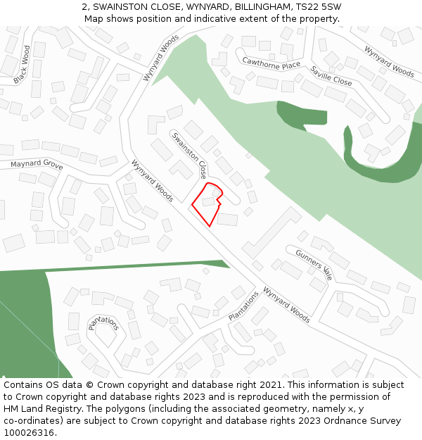 2, SWAINSTON CLOSE, WYNYARD, BILLINGHAM, TS22 5SW: Location map and indicative extent of plot