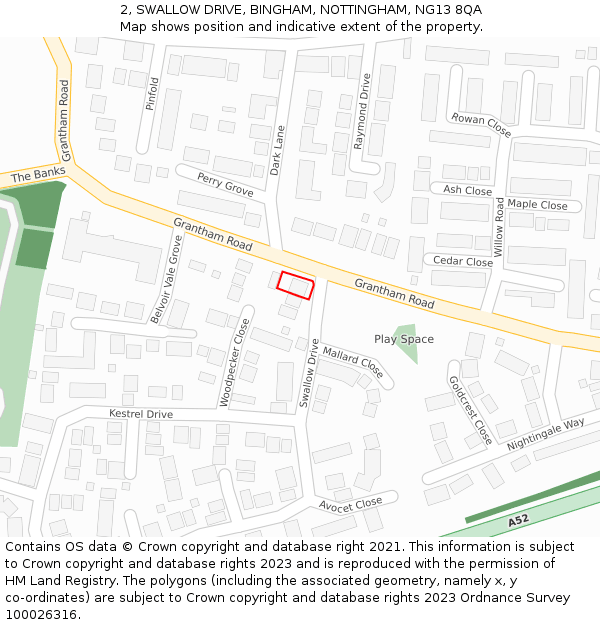 2, SWALLOW DRIVE, BINGHAM, NOTTINGHAM, NG13 8QA: Location map and indicative extent of plot