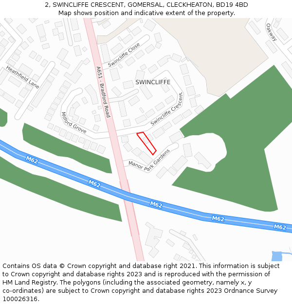 2, SWINCLIFFE CRESCENT, GOMERSAL, CLECKHEATON, BD19 4BD: Location map and indicative extent of plot