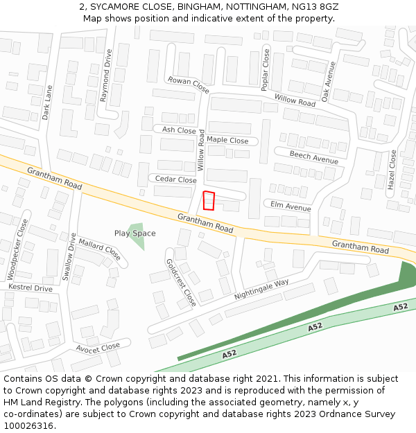 2, SYCAMORE CLOSE, BINGHAM, NOTTINGHAM, NG13 8GZ: Location map and indicative extent of plot