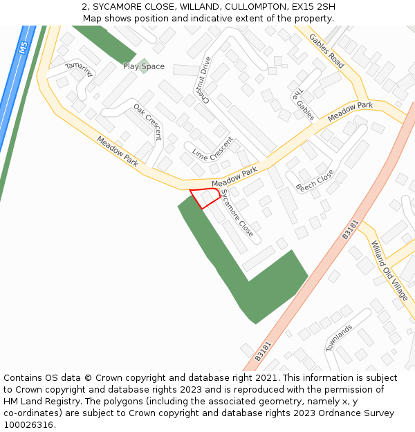 2, SYCAMORE CLOSE, WILLAND, CULLOMPTON, EX15 2SH: Location map and indicative extent of plot