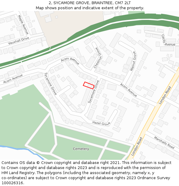 2, SYCAMORE GROVE, BRAINTREE, CM7 2LT: Location map and indicative extent of plot