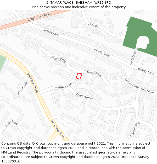 2, TAMAR PLACE, EVESHAM, WR11 3FD: Location map and indicative extent of plot