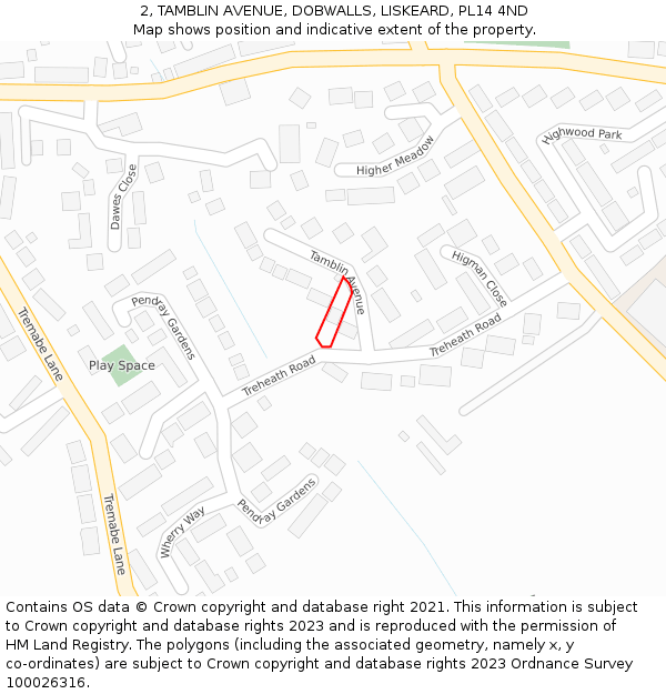 2, TAMBLIN AVENUE, DOBWALLS, LISKEARD, PL14 4ND: Location map and indicative extent of plot