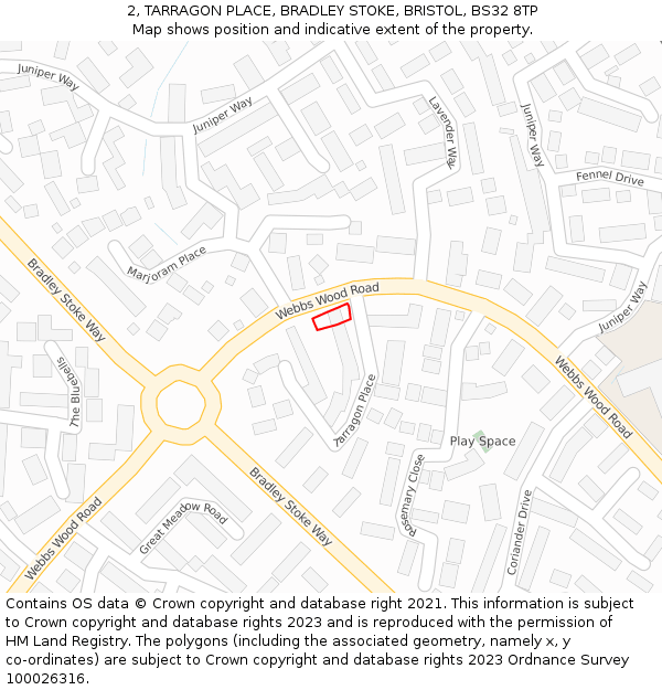 2, TARRAGON PLACE, BRADLEY STOKE, BRISTOL, BS32 8TP: Location map and indicative extent of plot