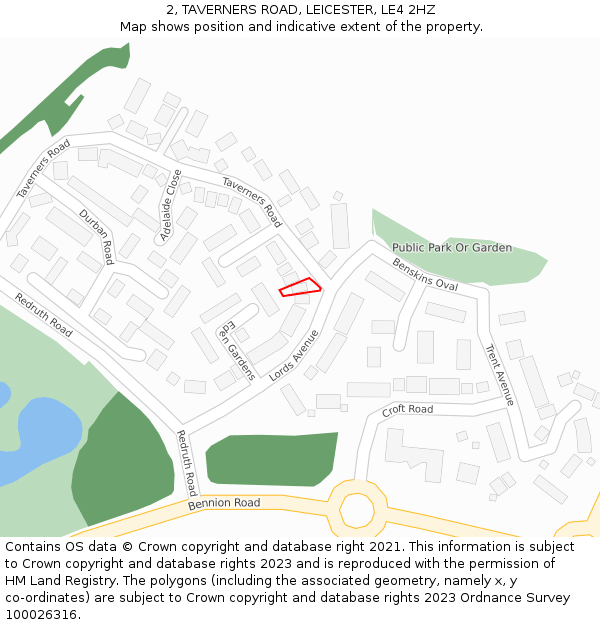 2, TAVERNERS ROAD, LEICESTER, LE4 2HZ: Location map and indicative extent of plot