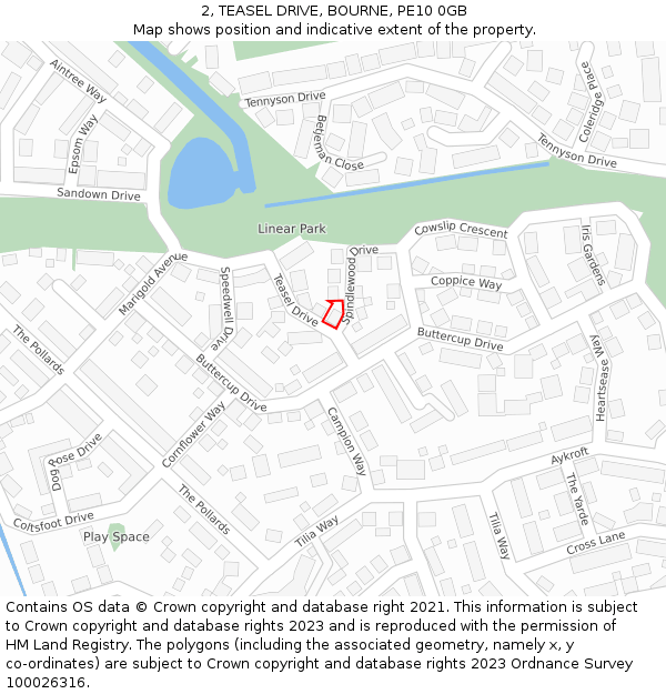 2, TEASEL DRIVE, BOURNE, PE10 0GB: Location map and indicative extent of plot