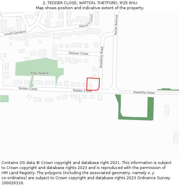 2, TEDDER CLOSE, WATTON, THETFORD, IP25 6HU: Location map and indicative extent of plot