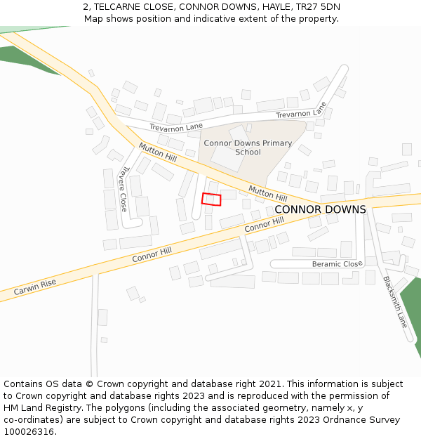 2, TELCARNE CLOSE, CONNOR DOWNS, HAYLE, TR27 5DN: Location map and indicative extent of plot