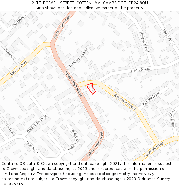 2, TELEGRAPH STREET, COTTENHAM, CAMBRIDGE, CB24 8QU: Location map and indicative extent of plot