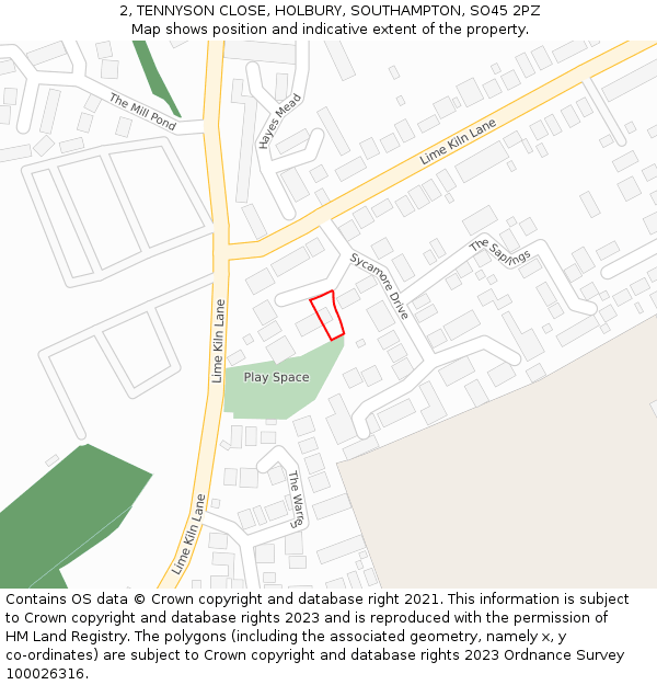 2, TENNYSON CLOSE, HOLBURY, SOUTHAMPTON, SO45 2PZ: Location map and indicative extent of plot