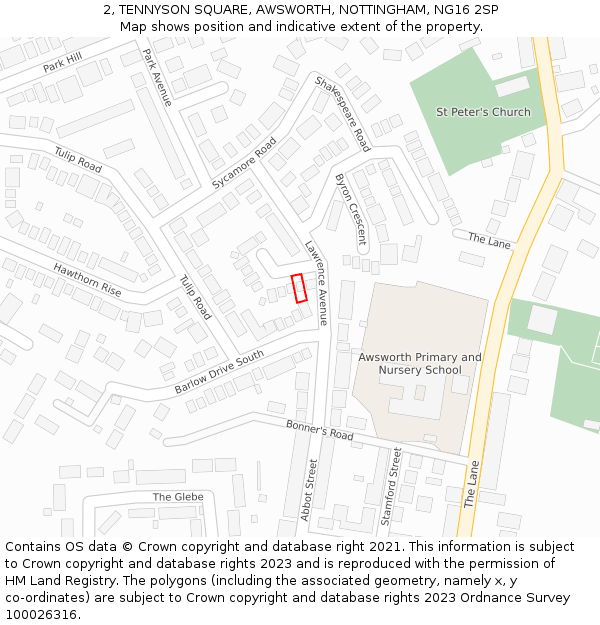 2, TENNYSON SQUARE, AWSWORTH, NOTTINGHAM, NG16 2SP: Location map and indicative extent of plot