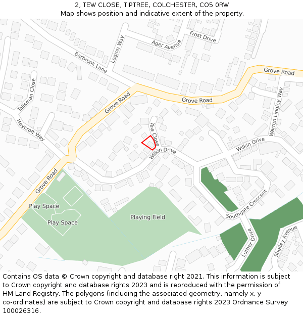 2, TEW CLOSE, TIPTREE, COLCHESTER, CO5 0RW: Location map and indicative extent of plot