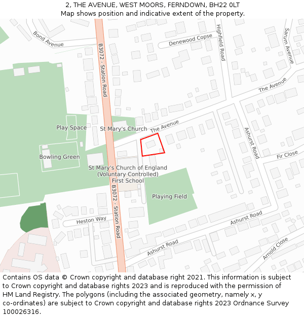 2, THE AVENUE, WEST MOORS, FERNDOWN, BH22 0LT: Location map and indicative extent of plot