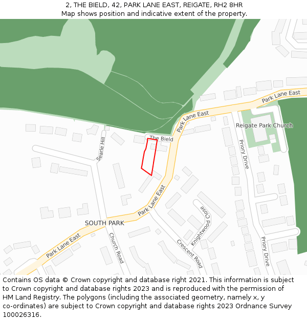 2, THE BIELD, 42, PARK LANE EAST, REIGATE, RH2 8HR: Location map and indicative extent of plot