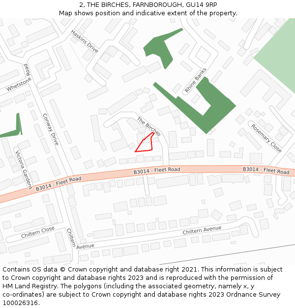 2, THE BIRCHES, FARNBOROUGH, GU14 9RP: Location map and indicative extent of plot