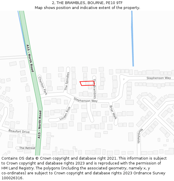 2, THE BRAMBLES, BOURNE, PE10 9TF: Location map and indicative extent of plot