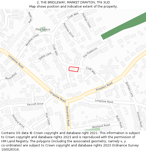 2, THE BRIDLEWAY, MARKET DRAYTON, TF9 3UD: Location map and indicative extent of plot