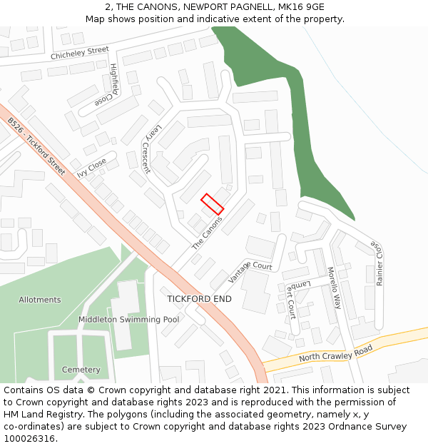 2, THE CANONS, NEWPORT PAGNELL, MK16 9GE: Location map and indicative extent of plot