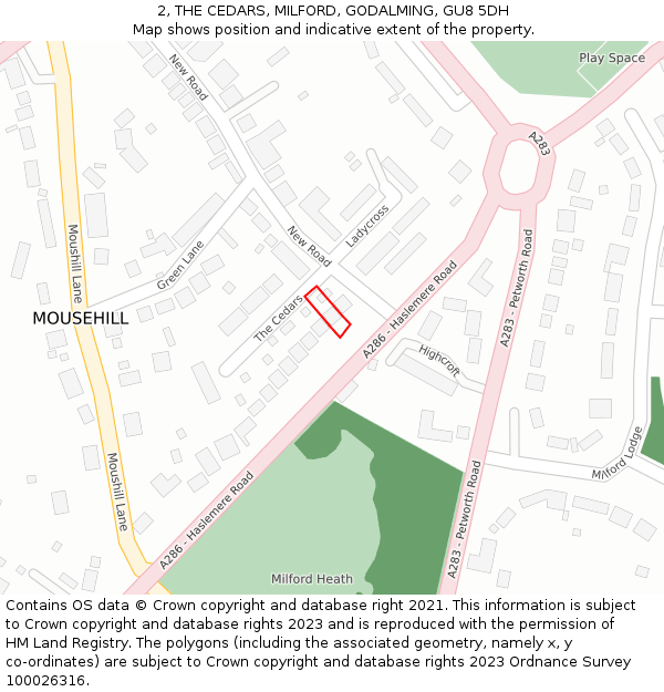 2, THE CEDARS, MILFORD, GODALMING, GU8 5DH: Location map and indicative extent of plot