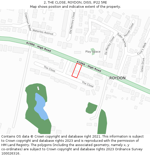 2, THE CLOSE, ROYDON, DISS, IP22 5RE: Location map and indicative extent of plot