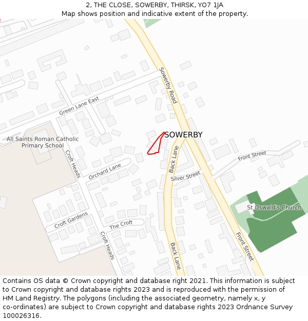 2, THE CLOSE, SOWERBY, THIRSK, YO7 1JA: Location map and indicative extent of plot