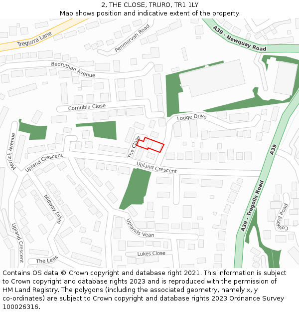2, THE CLOSE, TRURO, TR1 1LY: Location map and indicative extent of plot