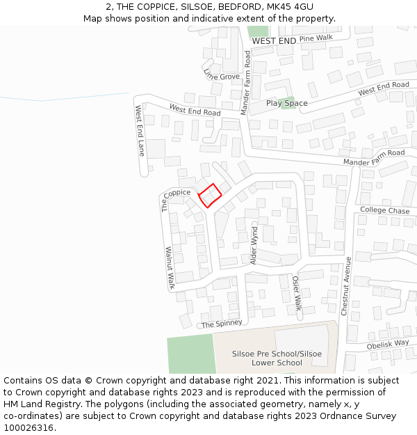 2, THE COPPICE, SILSOE, BEDFORD, MK45 4GU: Location map and indicative extent of plot