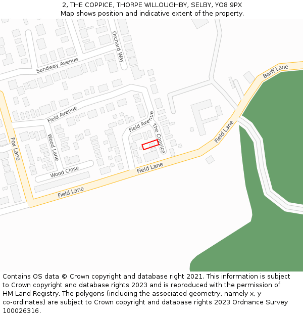 2, THE COPPICE, THORPE WILLOUGHBY, SELBY, YO8 9PX: Location map and indicative extent of plot