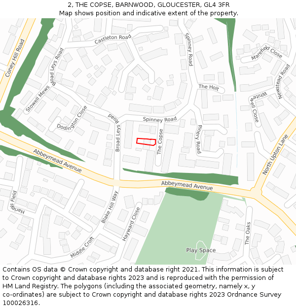 2, THE COPSE, BARNWOOD, GLOUCESTER, GL4 3FR: Location map and indicative extent of plot