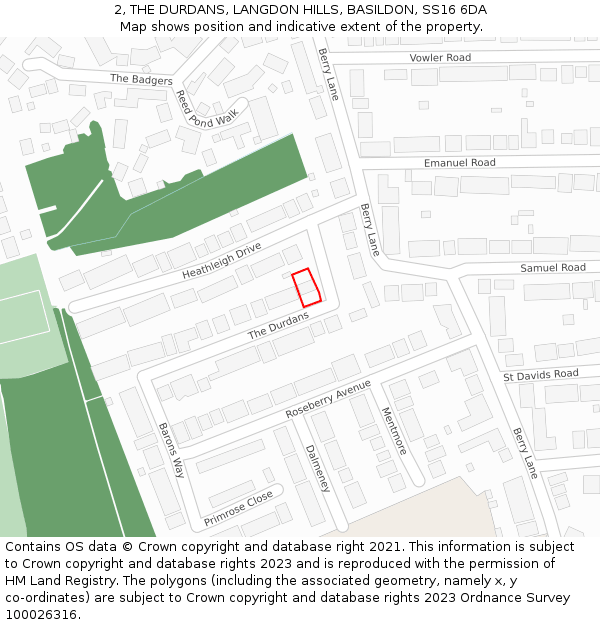 2, THE DURDANS, LANGDON HILLS, BASILDON, SS16 6DA: Location map and indicative extent of plot