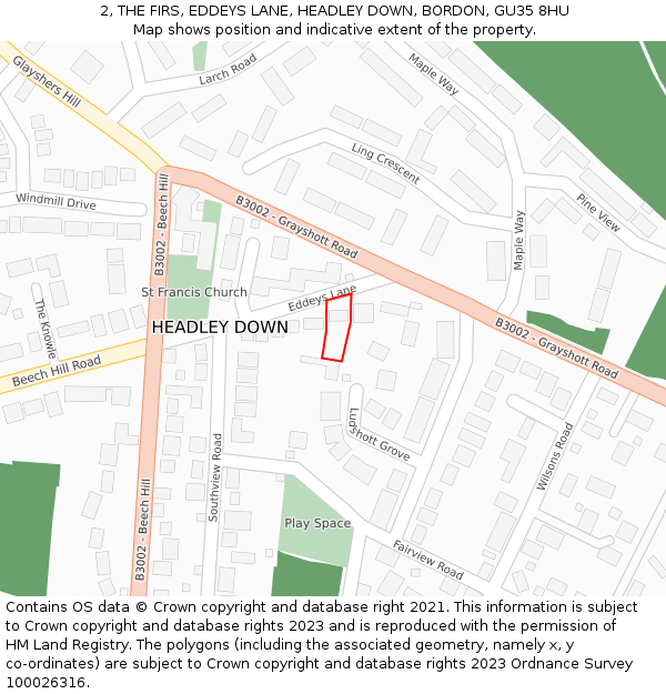 2, THE FIRS, EDDEYS LANE, HEADLEY DOWN, BORDON, GU35 8HU: Location map and indicative extent of plot