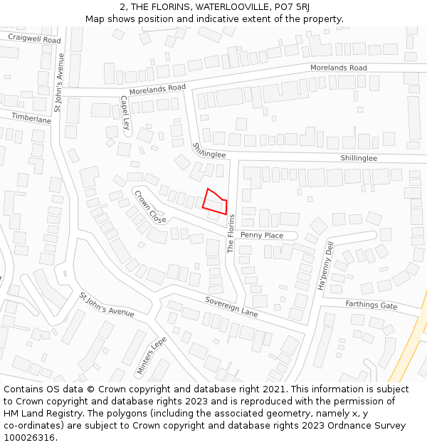 2, THE FLORINS, WATERLOOVILLE, PO7 5RJ: Location map and indicative extent of plot