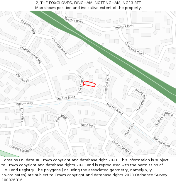 2, THE FOXGLOVES, BINGHAM, NOTTINGHAM, NG13 8TT: Location map and indicative extent of plot